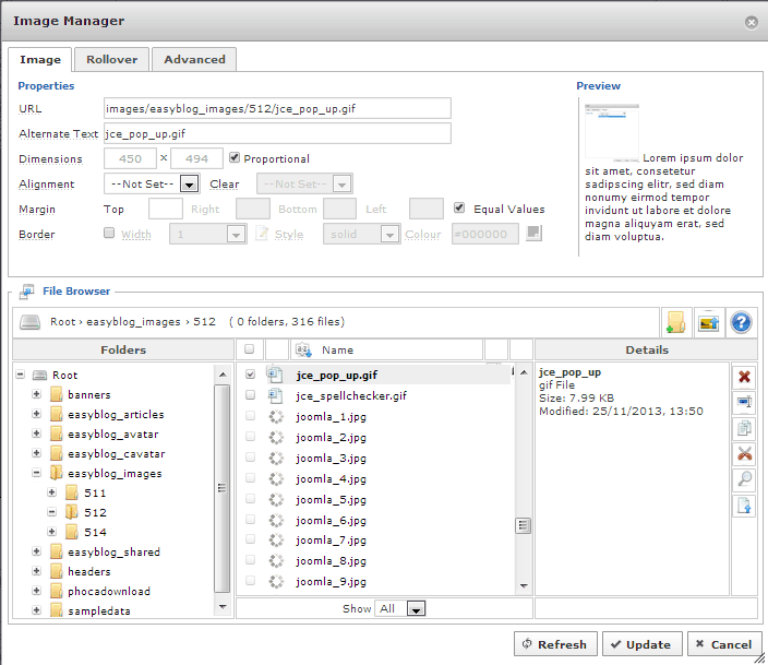 Joomla JCE image management