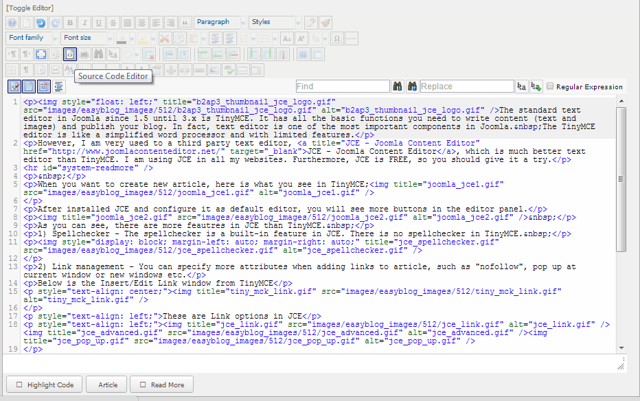 Joomla JCE HTML source code